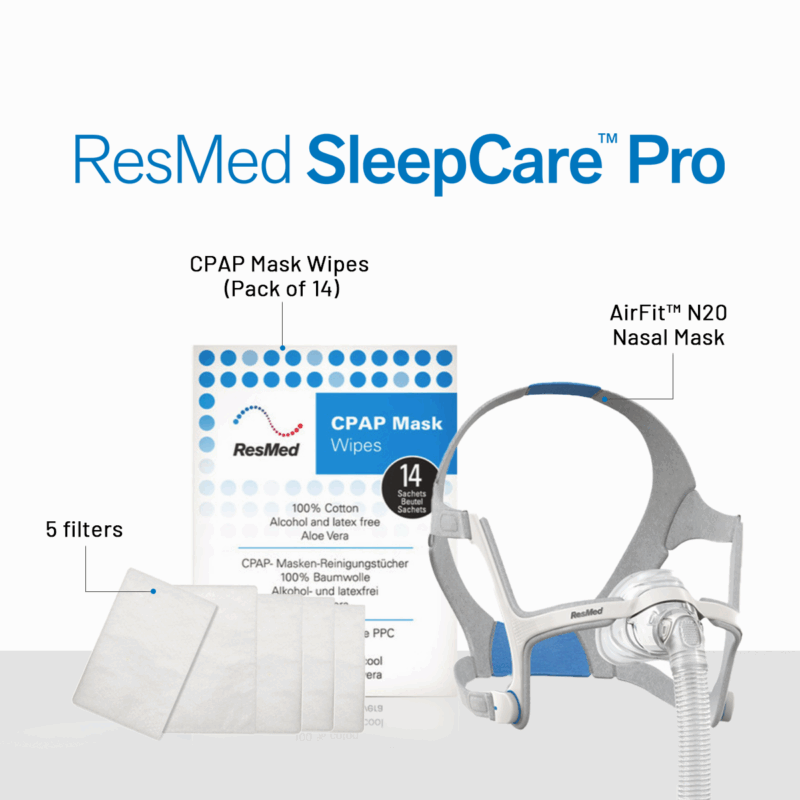 ResMed Airfit N20 CPAP Mask Sleepcare Pro Package (Includes N20 Mask | 5 Filters | CPAP Wipes (Pack of 14) | ResMed Benefits)